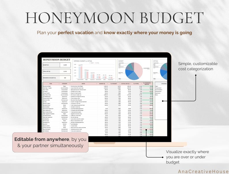 May include: A laptop screen displays a "Honeymoon Budget" spreadsheet. The screen shows charts and tables with financial data. Text on the screen includes "Plan your perfect vacation" and "Editable from anywhere." The laptop is on a light-colored surface.
