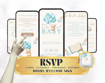 Faire-part de baby shower garçon bleu ours en peluche Invitation numérique avec page de confirmation de participation en ligne RSVP Tracker Baby shower Evite We Can Bearly Wait