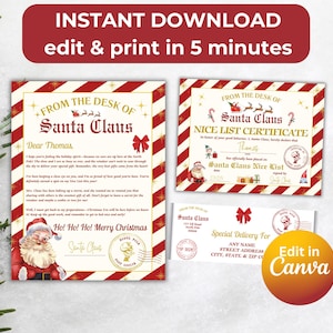 Paquete EDITABLE: Carta oficial de PAPÁ NOEL, Certificado de la lista NICE, Sobre navideño del Polo Norte, Enviado por correo desde Papá Noel
