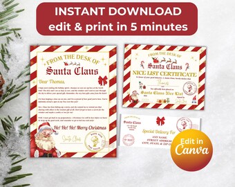 Paquete EDITABLE: Carta oficial de PAPÁ NOEL, Certificado de la lista NICE, Sobre navideño del Polo Norte, Enviado por correo desde Papá Noel