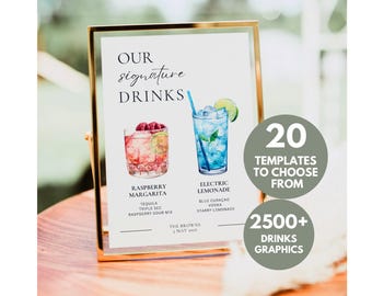Signature Drink Sign Template, Cocktail Bar Sign Poster, Modern Wedding Pet Dog Signature Drink His Hers, Signature Drink Bar Menu Template