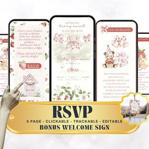 May include: Digital baby shower invitation displayed on multiple smartphones. The design features strawberry and floral illustrations with the text "RSVP" and "Baby Shower". Includes a bonus welcome sign.