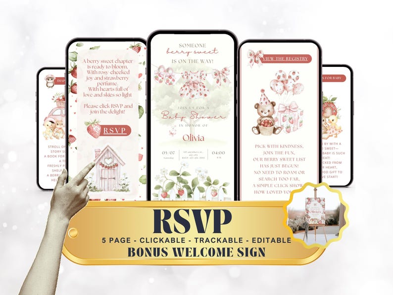 May include: Digital baby shower invitation displayed on multiple smartphones. The design features strawberry and floral illustrations with the text "RSVP" and "Baby Shower". Includes a bonus welcome sign.