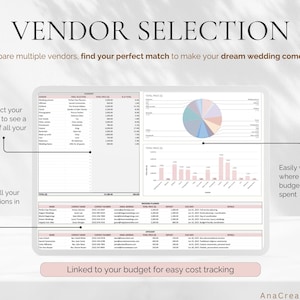 May include: A digital wedding vendor selection tool displayed on a tablet. The screen shows a spreadsheet with vendor details, a pie chart, and a bar graph. Text includes "VENDOR SELECTION" and "Compare multiple vendors".