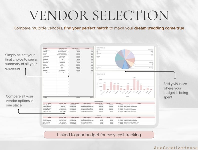 May include: A digital wedding vendor selection tool displayed on a tablet. The screen shows a spreadsheet with vendor details, a pie chart, and a bar graph. Text includes "VENDOR SELECTION" and "Compare multiple vendors".