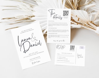 Timeless Wedding Invitation with QR Code, Wedding Invitation Suite Template with Wedding Details Card and RSVP Card with QR Code, Laura
