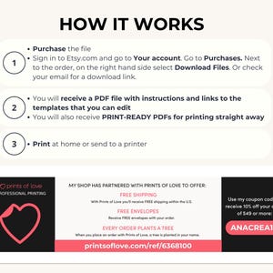 Puede incluir: Un gr&aacute;fico rosa y blanco con el texto "HOW IT WORKS" y tres pasos numerados que explican c&oacute;mo comprar y descargar un archivo digital. El gr&aacute;fico tambi&eacute;n incluye una pancarta rosa y blanca con el texto "MY SHOP HAS PARTNERED WITH PRINTS OF LOVE TO OFFER: FREE SHIPPING, FREE ENVELOPES, EVERY ORDER PLANTS A TREE" y la direcci&oacute;n del sitio web "printsoflove.com/ref/6368100".