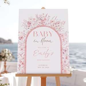 Rosa Mädchen-Wildblumen-Babypartyschild Rosa Boho Wildflower Poster druckbare Gartenblume Willkommensschild, bearbeitbare druckbare Canva-Vorlage