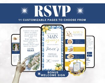 Citrus Blue Bachelorette Invitation Itinerary Template, Amalfi Bridal Lemon Mediterranean Wedding Shower Digital Invitation