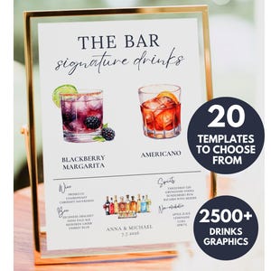 May include: A printable sign for a wedding or party bar menu with watercolor illustrations of two signature drinks: a blackberry margarita and an Americano. The sign also lists a variety of wine, beer, spirits, and non-alcoholic drinks. The text on the sign reads "The Bar Signature Drinks" and "20 Templates to Choose From".