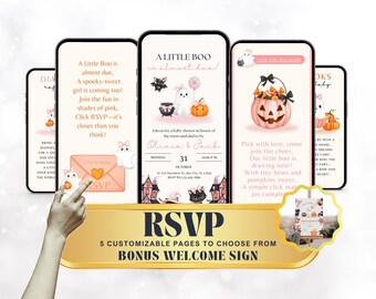May include: Digital Halloween-themed baby shower invitations displayed on smartphones. The invitations feature pink and orange pumpkins, ghosts, and the text "RSVP". Includes a bonus welcome sign.