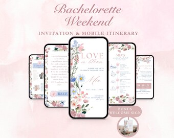 Invito floreale per addio al nubilato, invito per addio al nubilato con fiori di campo, itinerario per un weekend nuziale in rosa cipria, invito floreale primaverile tramite messaggio di testo mobile