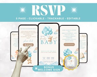 We Can Bearly Wait Modèle d'invitation pour baby shower, Ballon de douche garçon bleu, Invitation baby shower, Suivi de réponse RSVP en ligne
