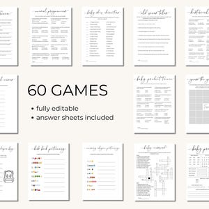 Puede incluir: Un conjunto de 60 juegos de baby shower imprimibles, totalmente editables con hojas de respuestas incluidas. Los juegos incluyen trivia de beb&eacute;s, nombres de animales para beb&eacute;s, trivia de productos para beb&eacute;s, bingo de adivinar los regalos, qu&eacute; hay en la bolsa de pa&ntilde;ales, y m&aacute;s.