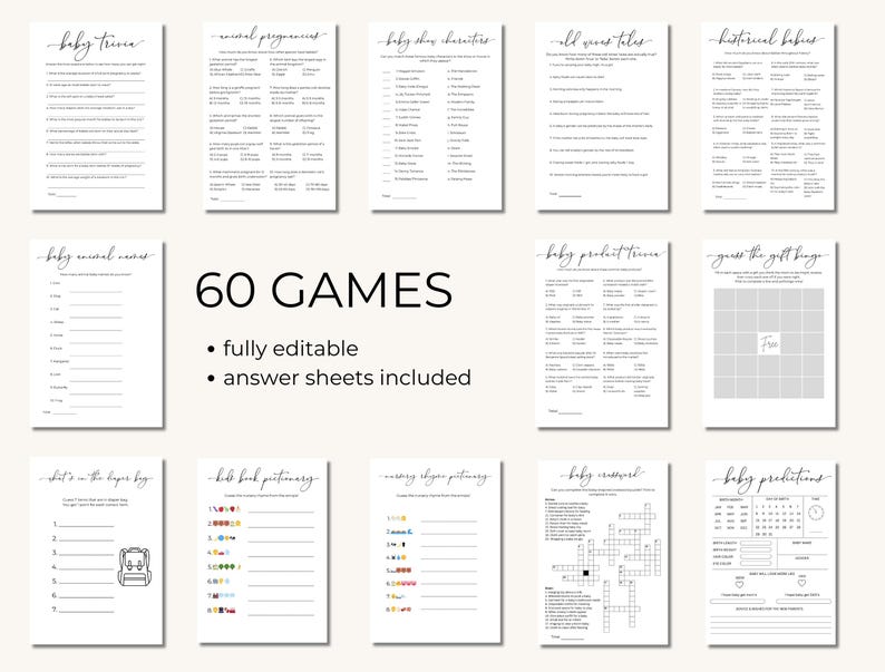 Puede incluir: Un conjunto de 60 juegos de baby shower imprimibles, totalmente editables con hojas de respuestas incluidas. Los juegos incluyen trivia de beb&eacute;s, nombres de animales para beb&eacute;s, trivia de productos para beb&eacute;s, bingo de adivinar los regalos, qu&eacute; hay en la bolsa de pa&ntilde;ales, y m&aacute;s.