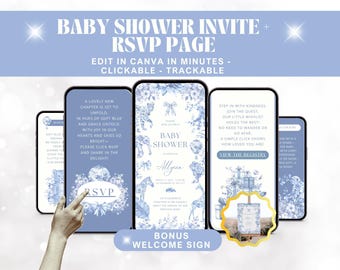 Blue Toile Safari Animal Baby Boy Shower Digital Invite Toile de Jouy Baby Shower Invite Dusty Blue Safari Classy Baby Shower Invitation