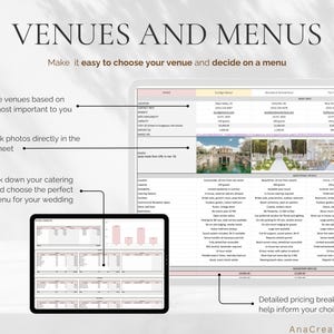 May include: A digital spreadsheet titled "VENUES AND MENUS" with detailed venue information. The image includes a laptop and a tablet displaying data, with text that reads "Make it easy to choose your venue and decide on a menu."