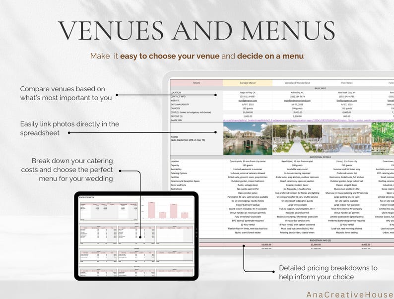 May include: A digital spreadsheet titled "VENUES AND MENUS" with detailed venue information. The image includes a laptop and a tablet displaying data, with text that reads "Make it easy to choose your venue and decide on a menu."