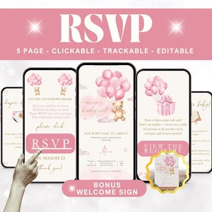 May include: Digital baby shower invitation design with a pink theme. The invitation features a teddy bear, balloons, and the text "RSVP". The design includes the text "5 PAGE - CLICKABLE - TRACKABLE - EDITABLE".