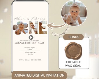 Editable 1st Birthday Invitation Girl, Minimalist Baby Girl First Birthday Invite with Photo, ONE Digital Download