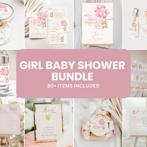 Girl Teddy Bear Baby Shower Bundle – Dusty Pink Balloon Bear Theme with Editable Invitations & Bear Balloon Games Girl Baby Shower