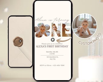 1st Birthday Invitation with Photo Editable ONE Picture Invite, Minimalist First Birthday Digital Invitation Evite