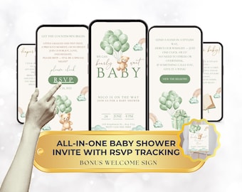 We Can Bearly Wait babyshoweruitnodiging – minimalistische groene beer digitale uitnodiging met online RSVP – bewerkbare babysjabloon