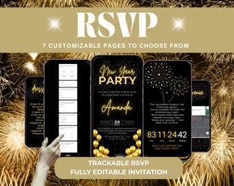 Elegant New Year’s Eve Invitation, Editable Digital NYE Invite with Trackable RSVP, Classy Countdown Template