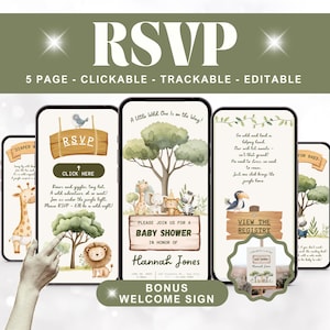 Könnte beinhalten: Digitale Babyparty-Einladung mit Dschungel-Thema. Die Einladung zeigt ein Holzschild mit dem Wort "RSVP" und dem Text "CLICK HERE". Die Einladung enthält ein Bonus-Willkommensschild. Die Einladung ist nachverfolgbar und bearbeitbar.