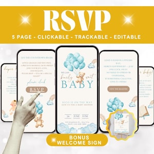 Invito digitale per baby shower a forma di orsetto blu con pagina RSVP online, tracker RSVP, invito per baby shower, non vediamo l'ora