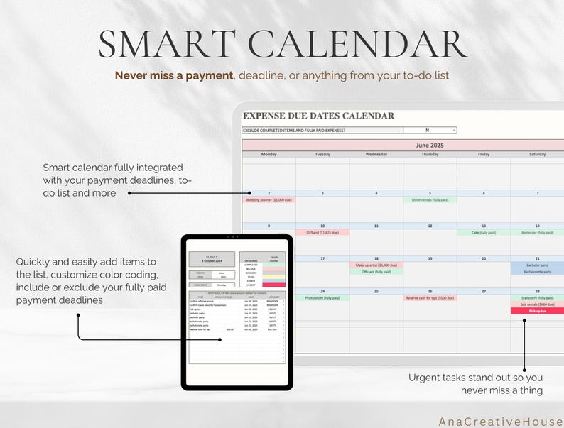 May include: A digital smart calendar with the text "SMART CALENDAR" at the top. The calendar displays expense due dates for June 2025, with color-coded entries and a tablet showing a detailed list. The text reads "Never miss a payment, deadline, or anything from your to-do list."