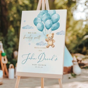 Editable Brown Bear Balloon Baby Shower Welcome Sign We Can Bearly Wait Baby Shower Poster Blue Boy Boho Bear Baby Shower Decor