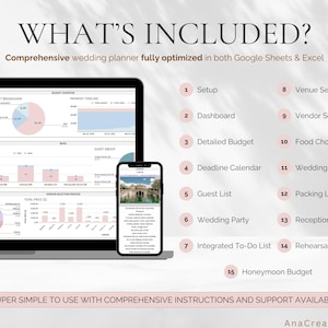 May include: A laptop and smartphone displaying a wedding planner interface. The laptop shows budget breakdowns and timelines, while the phone displays a photo of a building. Text includes "What's Included?" and a list of features.