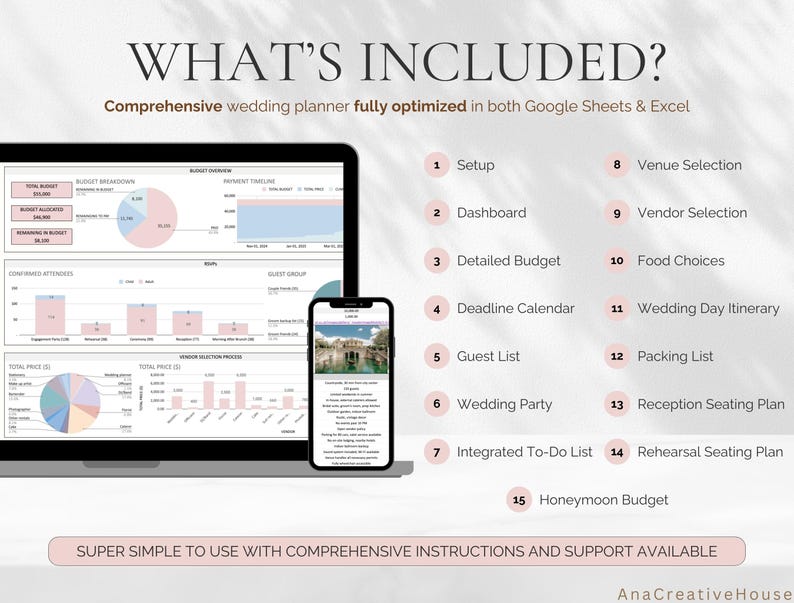 May include: A laptop and smartphone displaying a wedding planner interface. The laptop shows budget breakdowns and timelines, while the phone displays a photo of a building. Text includes "What's Included?" and a list of features.