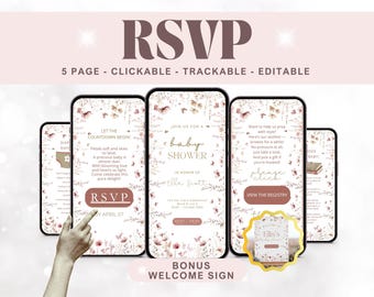 Minimalistic Baby in Bloom Invite – Pink Wildflower Baby Shower with RSVP Form, Baby Shower Evite, Girl Baby Shower Digital Invitation