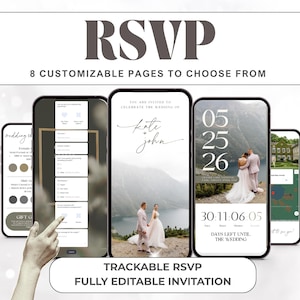 Può includere: Invito digitale di nozze RSVP visualizzato su smartphone. Il design presenta pagine personalizzabili, una data del matrimonio, i nomi della coppia e un conto alla rovescia. Il testo include "RSVP", "8 pagine personalizzabili".