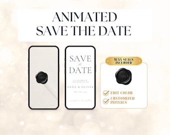 Invitación minimalista animada en vídeo para anunciar la fecha de la boda, plantilla para Canva (diseño DIY), invitación para celebración, boda en blanco y negro.