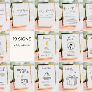 Puede incluir: Diecinueve carteles imprimibles para un baby shower. Los carteles est&aacute;n en marcos dorados y tienen texto negro e ilustraciones. Los carteles incluyen t&iacute;tulos como "Consejos y deseos", "Consejos para padres", "Mensaje para el beb&eacute;", "C&aacute;psula del tiempo", "Un mensaje del bulto", "Picar, comer y tomar un capricho", "Barra de mimosa", "Comida", "Libros para el beb&eacute;", "Fotomat&oacute;n", "Rifa de pa&ntilde;ales", "Favores", "Tarjetas y regalos", y "Libro de visitas con fotos".