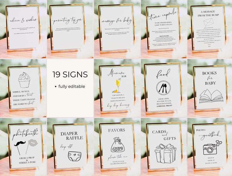 Puede incluir: Diecinueve carteles imprimibles para un baby shower. Los carteles est&aacute;n en marcos dorados y tienen texto negro e ilustraciones. Los carteles incluyen t&iacute;tulos como "Consejos y deseos", "Consejos para padres", "Mensaje para el beb&eacute;", "C&aacute;psula del tiempo", "Un mensaje del bulto", "Picar, comer y tomar un capricho", "Barra de mimosa", "Comida", "Libros para el beb&eacute;", "Fotomat&oacute;n", "Rifa de pa&ntilde;ales", "Favores", "Tarjetas y regalos", y "Libro de visitas con fotos".
