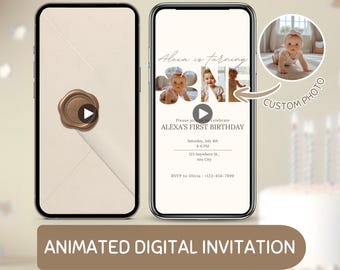 Editable First Birthday Invitation Minimalist ONE Photo Invite Classic 1st Birthday Digital Download