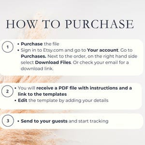 May include: A graphic with the text "HOW TO PURCHASE" and numbered steps. The steps include purchasing a file, signing into Etsy, and downloading files. The image has a neutral background with decorative elements.
