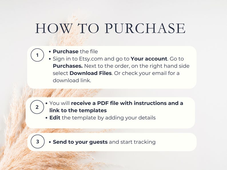 May include: A graphic with the text "HOW TO PURCHASE" and numbered steps. The steps include purchasing a file, signing into Etsy, and downloading files. The image has a neutral background with decorative elements.