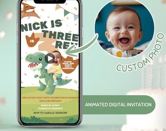 Editable DInosaur Birthday Party Invitation Animated With Photo, T-Rex 3rd Birthday Party Invite