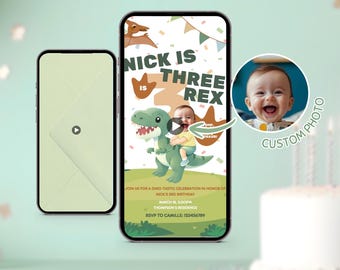 T-Rex Birthday Invitation, Editable Dinosaur Party Invite With Photo, Animated 3rd Birthday Invite