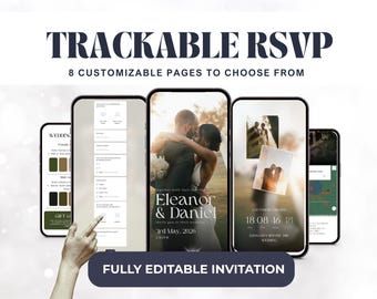 May include: A digital wedding invitation design displayed on several smartphones. The design includes the text "TRACKABLE RSVP" and "FULLY EDITABLE INVITATION". The screens show customizable pages, wedding photos, and RSVP details. The date of the wedding is May 3rd, 2026.