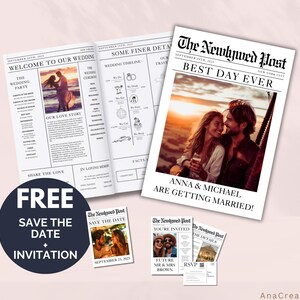 Custom Wedding Newspaper Template, Newspaper Wedding Program Template Foldable, Editable Newspaper Program, Folded Newspaper Canva, Marriage