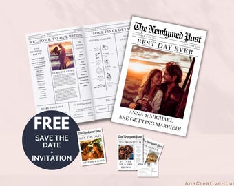 Custom Wedding Newspaper Template, Newspaper Wedding Program Template Foldable, Editable Newspaper Program, Folded Newspaper Canva, Marriage