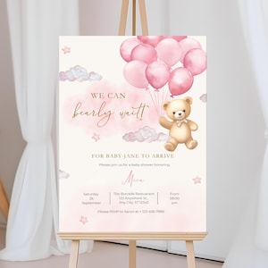 Bearbeitbares Braunbär-Ballon-Babyparty-Willkommensschild, Wir können Bären-Babyparty-Plakat warten, rosa Boho-Bär-Willkommensschild-Mädchen-Babyparty