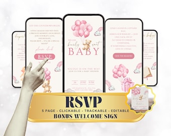 We Can Bearly Wait Baby Shower Invitation Girl – Pink Teddy Bear Digital Invite with Clickable RSVP Form – Editable Baby Shower Template