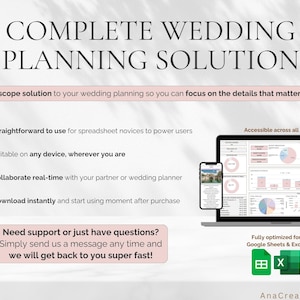 May include: A digital wedding planning solution displayed on a laptop, phone, and tablet. The image includes the text "COMPLETE WEDDING PLANNING SOLUTION" and highlights features like real-time collaboration and instant download. Optimized for Google Sheets & Excel.